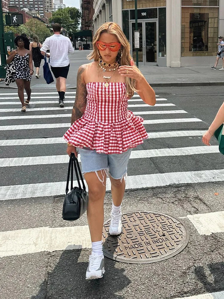 Red Checkered Pleated Fluffy Strapless