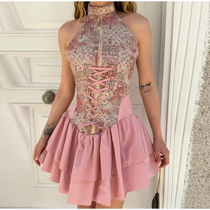 Elegant Bandage Patchwork Short Women's Summer Dress Waist Cinched Halter Sleeveless Backless Dresses Lady Party Vestidoes
