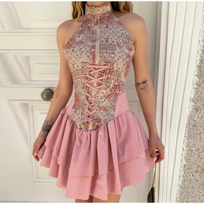 Elegant Bandage Patchwork Short Women's Summer Dress Waist Cinched Halter Sleeveless Backless Dresses Lady Party Vestidoes