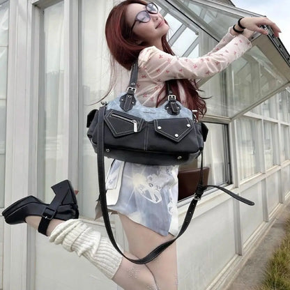 Women's Fashion PU Leather Shoulder Bag Large Capacity Crossed Color Cowboy Backpack Multifunctional Underarm Bag Casual Outing