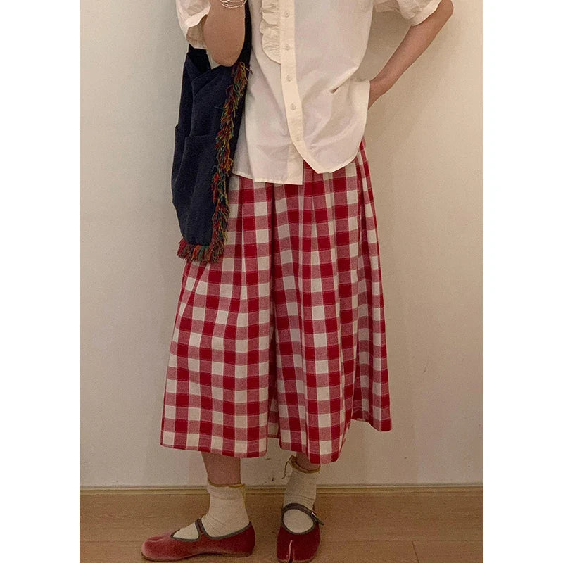 Women Tartan Oversize Casual Wide Pants Pockets Elastic Waist Plaid Cotton Linen Straight Baggy Jorts Summer Korean Clothes