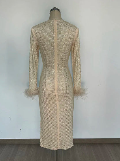 Crew Neck Crystal Embellished Ruched Feather Cuff Midi Dress
