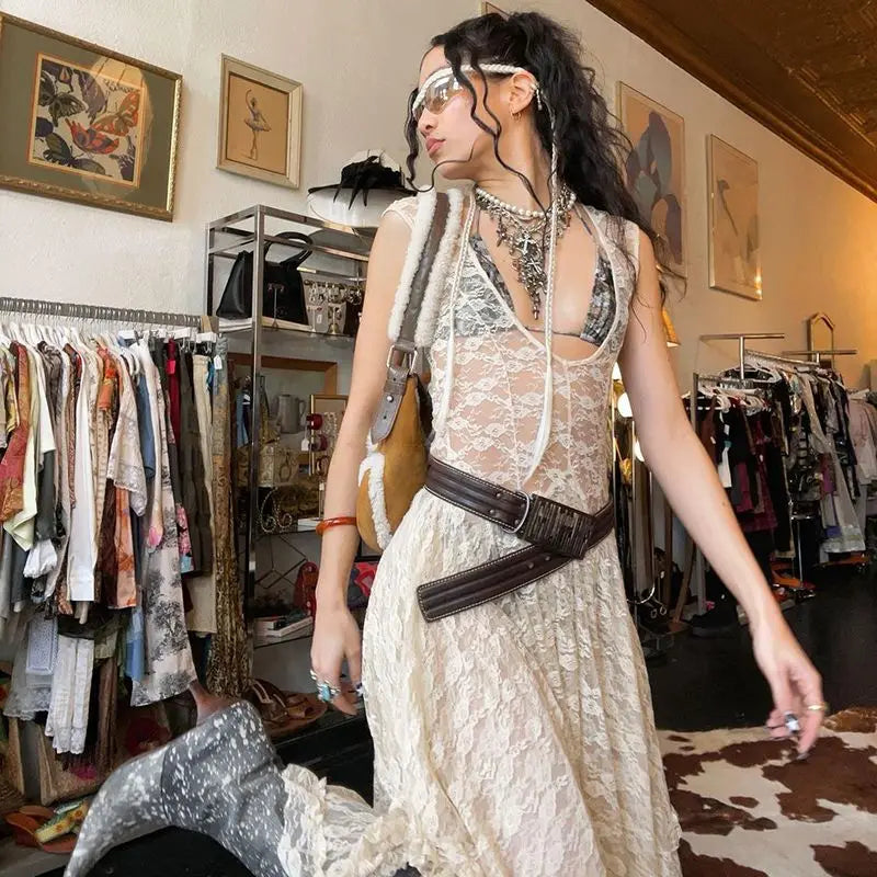 Y2k Grunge See-Through Lace Floral Sheer Tank Dress Women's Sleeveless V Neck Cover-up Long Dress Streetwear Party Dress