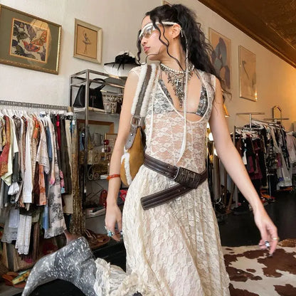 Y2k Grunge See-Through Lace Floral Sheer Tank Dress Women's Sleeveless V Neck Cover-up Long Dress Streetwear Party Dress