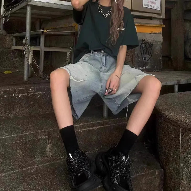 Diamond Studded Denim Shorts Men Women Trousers Summer Design Hip Hop Brushed Work Pants 2000s Baggy Jeans Y2k Streetwear
