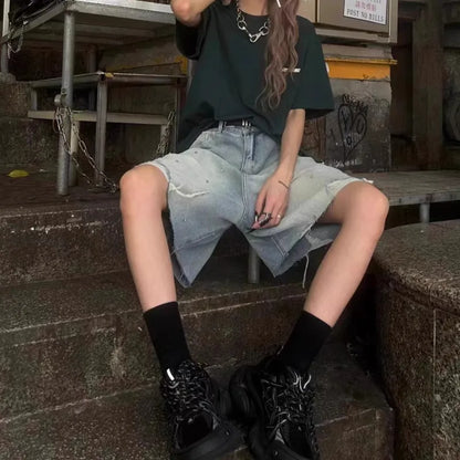Diamond Studded Denim Shorts Men Women Trousers Summer Design Hip Hop Brushed Work Pants 2000s Baggy Jeans Y2k Streetwear