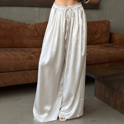 Women's Fashion Satin Pants Solid Vintage Lace Up Patchwork Loose Trouser Summer Elegant Casual Commute Female Trousers