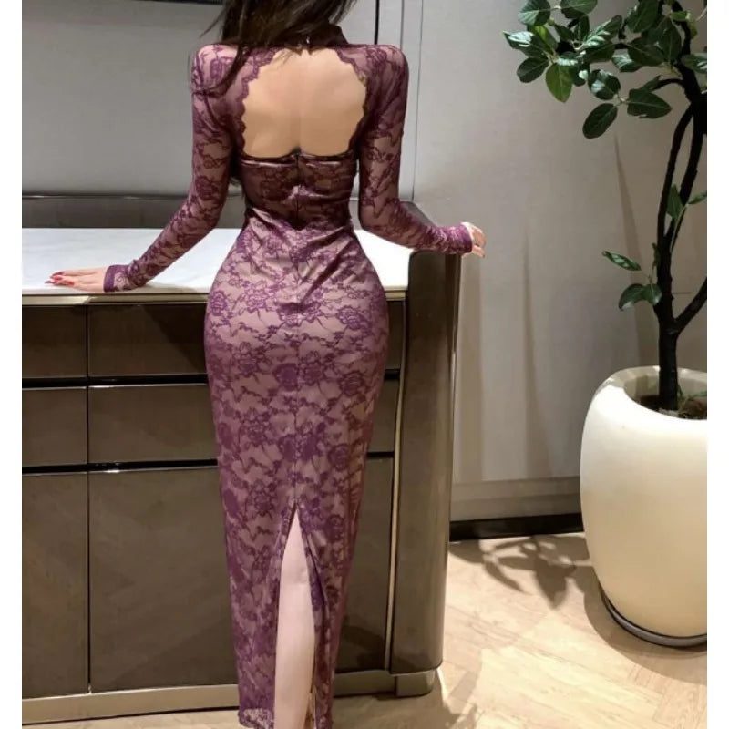 Autumn High-end Lace Leopard Print Fairy Dress New Niche Design Slim Fit Dress