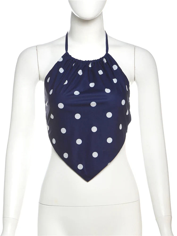 Sexy Polka Dot Print 2-Piece Set Women Halter Bandage Halter Backless Sleeveless Mini Tops+Straight Skirt Matching Suit