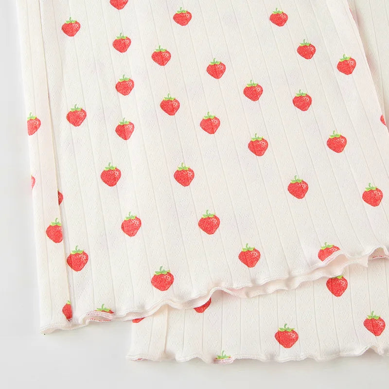 Strawberry Print Eyelet Two-piece Set Women Summer Sleeveless Slim Camis+Drawstring Pants Sets Home Cozy Sweet Casual Pajamas