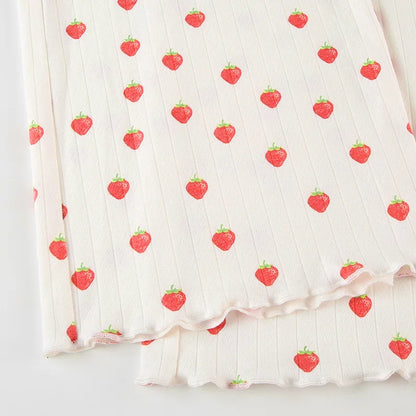 Strawberry Print Eyelet Two-piece Set Women Summer Sleeveless Slim Camis+Drawstring Pants Sets Home Cozy Sweet Casual Pajamas