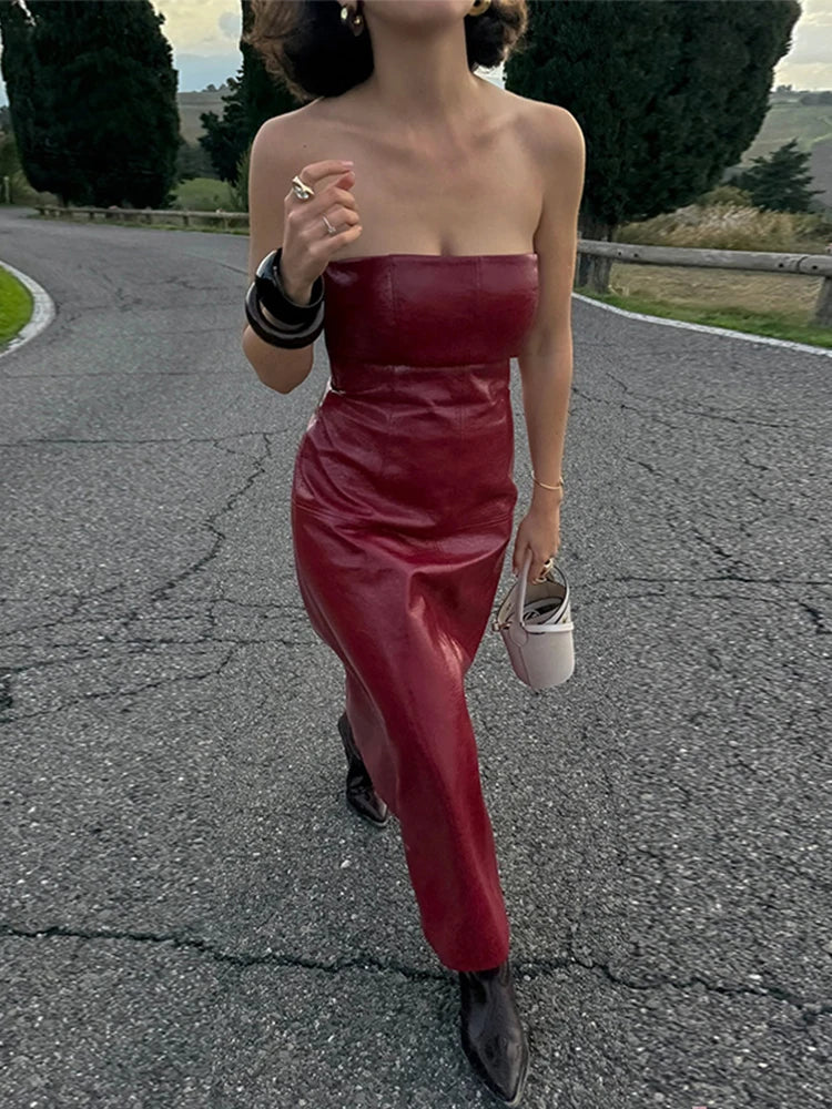 PU Leather Tube Dresses Suit Coat Women's Set Vintage Solid Slim Fit Long Dress Lapel Jackets Sets Female Chic Street Outfits