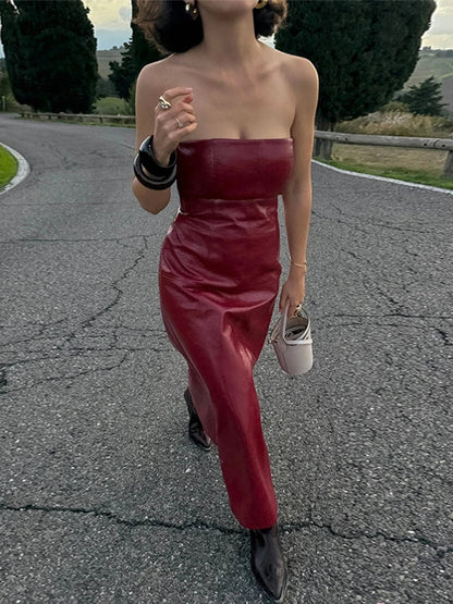 PU Leather Tube Dresses Suit Coat Women's Set Vintage Solid Slim Fit Long Dress Lapel Jackets Sets Female Chic Street Outfits