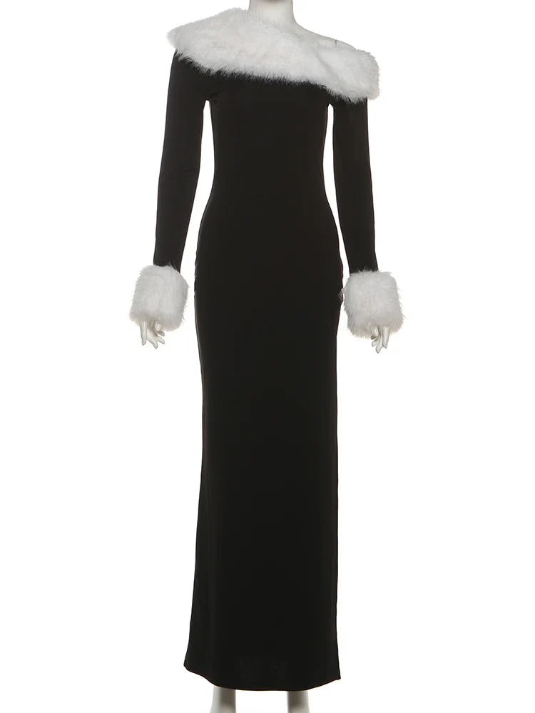 Puss Elegant Banquet Dress Women Furry Patchwork Diagonal Collar Classic Trend Split Hem Full Sleeve Party Club Vestidos