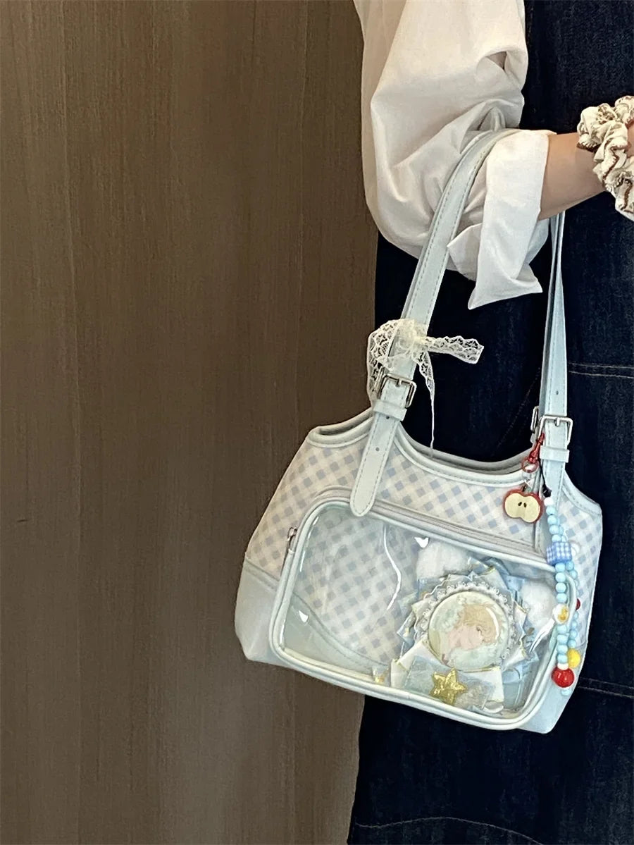 Original Lolita Sky Blue Plaid Small Capacity Transparent Pain Bag 10cm Baby Bag Daily Commuting Class Portable Shoulder Bag