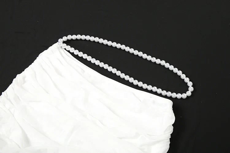 Fashion Elegant 2Piece Set Woman Pearl Decoration Halter Crop Tops+Mesh Patchwork Low-Waist Long Skirt Sexy Style Outfits