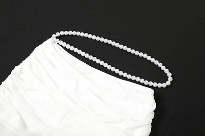 Fashion Elegant 2Piece Set Woman Pearl Decoration Halter Crop Tops+Mesh Patchwork Low-Waist Long Skirt Sexy Style Outfits