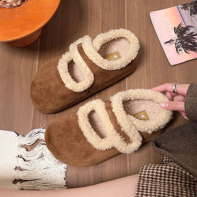 Female Shoes Breathable Winter Cotton Thick Warm Plush Fur Simple Buckle Moccasin Anti-Slippery Autumn New Hot Retro