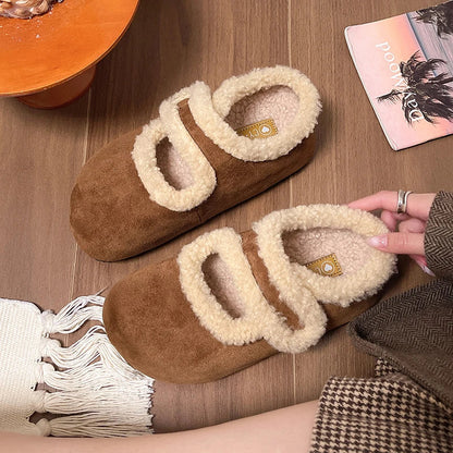 Female Shoes Breathable Winter Cotton Thick Warm Plush Fur Simple Buckle Moccasin Anti-Slippery Autumn New Hot Retro