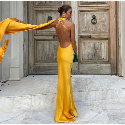 Halter Deep Scoop Back Cape Train Satin Maxi Gown