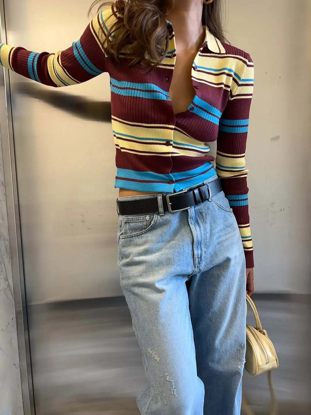 Knitted Contrast Color Striped Cardigans Women Single Breasted Thin Slim Long Sleeve Lapel Female Sweater 2025 Autumn Basic Top