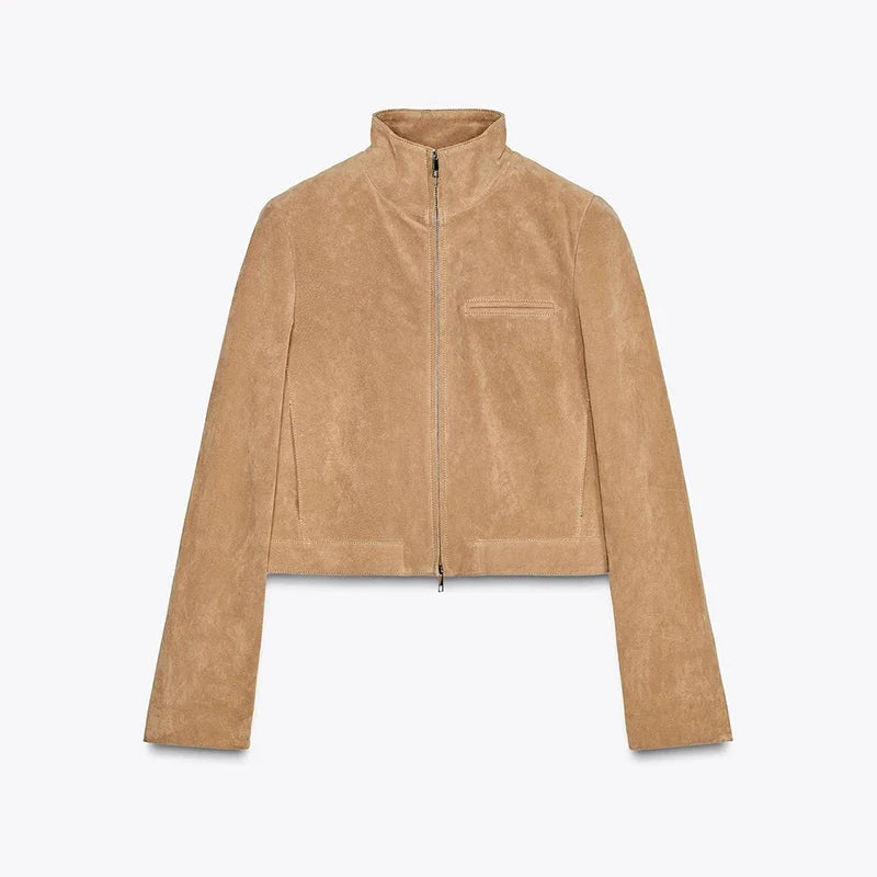Stand Collar Suede Leather Jacket Coat Zipper Retro Long Sleeved Casual Biker Jackets Loose Fashion Front Shoulder Short Outwear