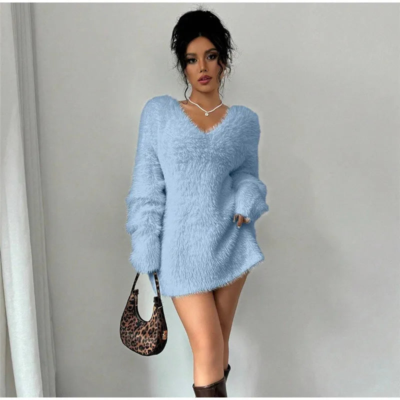 Plush V-neck Knitted Mini Dress Woman Loose Autumn Winter Women's Sweater Soft Above Knee Long Sleeve Solid Casual Dresses Warm
