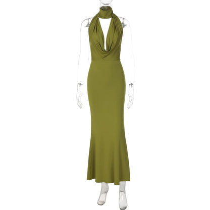 women's sexy hollow out swinging neck backless princess style slim fit bag hip slit hanging neck dress