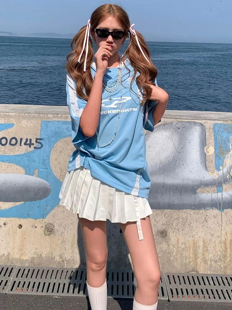 Y2k Blue Contrast Oversized T Shirt Sport Short Sleeve V-neck Tops American Retro Patchwork Design Women Clothes Summer