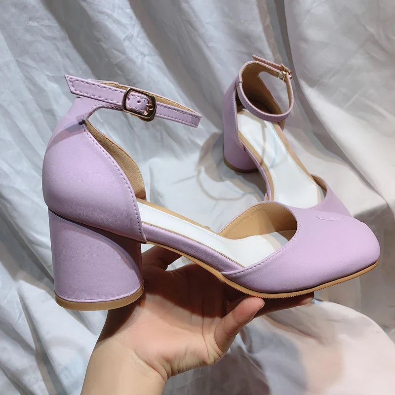 New Purple Women Tabi Shoes Split Toe Female Chunky High Heel Pumps Ankle Wrap Designer Summer Sandals Mary Janes Big Size