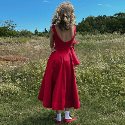 Straight Neck Sleeveless Flare Midi Dress