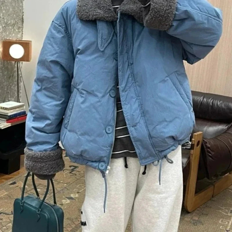 Lamb Wool Collar Spliced Cotton Jacket for Women with Fashionable Design Loose Winter Casual Cotton Jacket