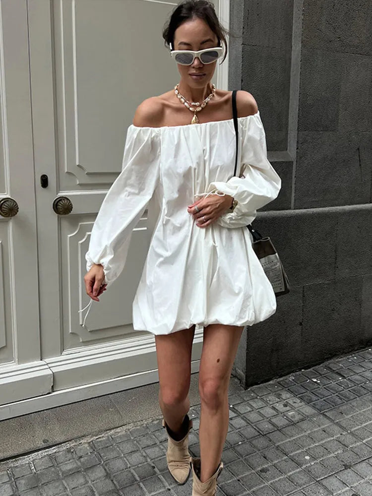Boat Neck Backless Dress Woman Pleats Solid Color Loose Short Floral Bud Dresses Casual Versatile Fashion Women's Chic New Dress