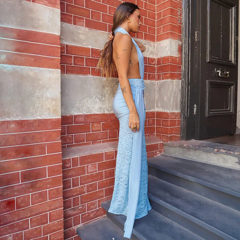 Halter Plunge V-Neck Ruched Sash Lace Skirt Maxi Gown