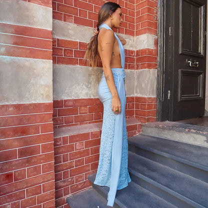 Halter Plunge V-Neck Ruched Sash Lace Skirt Maxi Gown