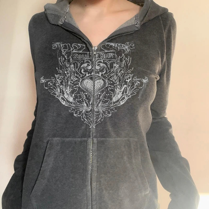 Y2K Graphic Print Zipper Jacket with Hooded Vintage Aesthetic Gray 2000s Women Coat Knitted Outwear Autumn Outfits