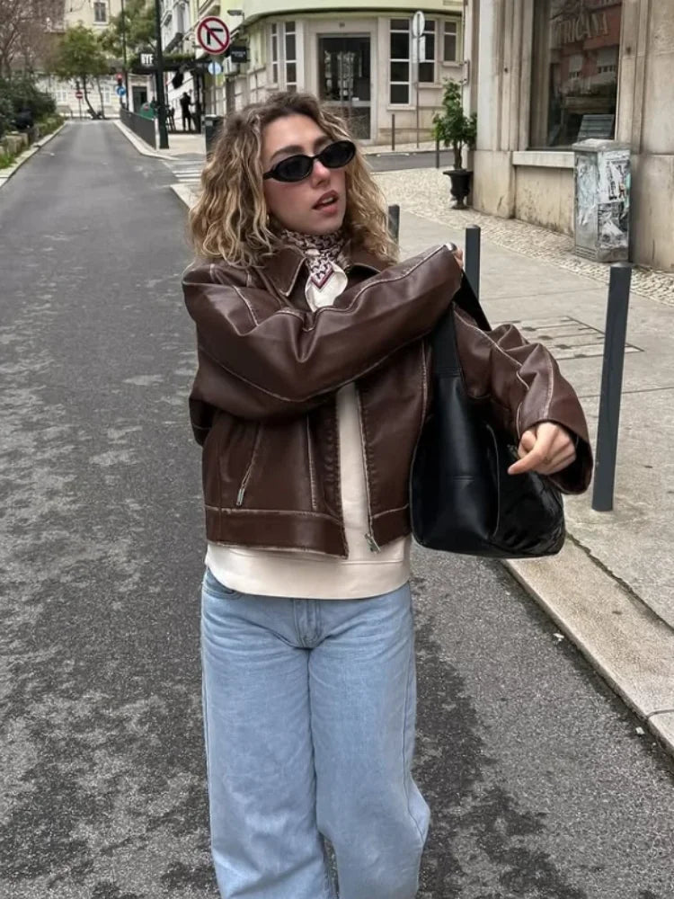 Women Solid Zipper Leather Jacket Fashion Patchwork Lapel Collar Long Sleeve Loose Overcoat Female Autumn High Street Outerwear