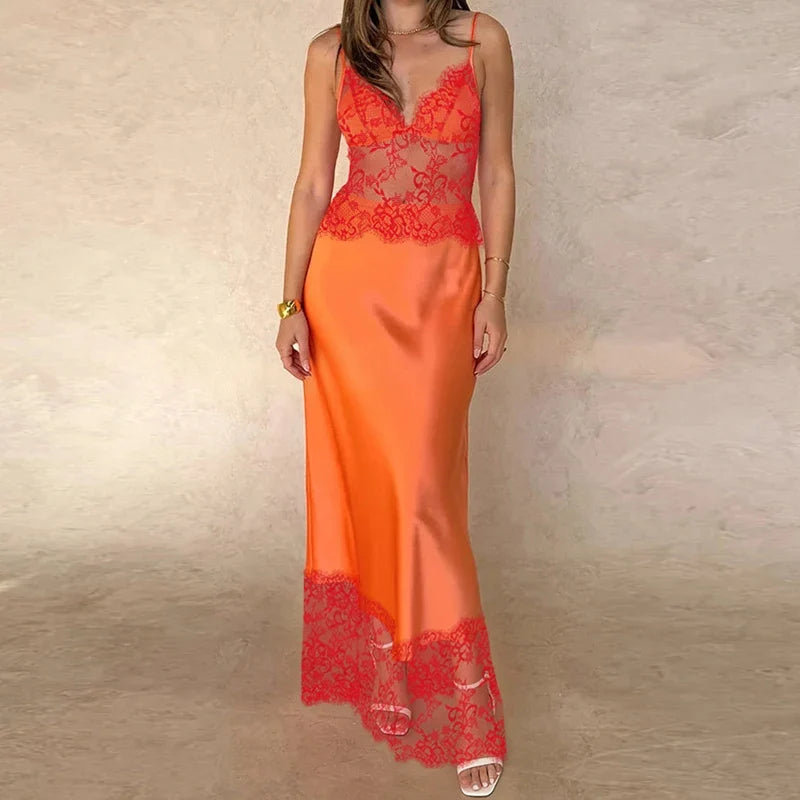 Women Elegant Lace Patchwork Dress Satin Spaghetti Strap Deep V Neck Cami Dress Sexy Cocktail Party Maxi Dress