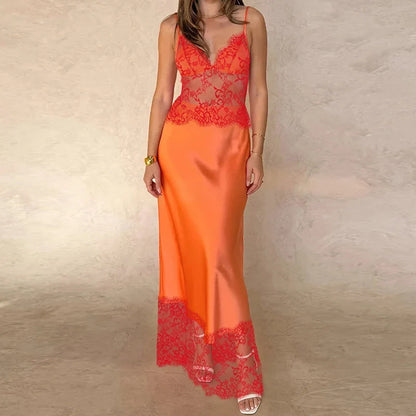Women Elegant Lace Patchwork Dress Satin Spaghetti Strap Deep V Neck Cami Dress Sexy Cocktail Party Maxi Dress