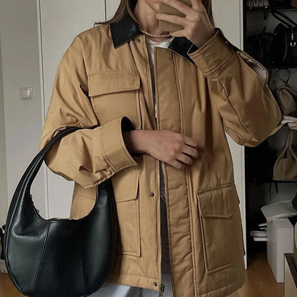 Classic Vintage Women's Jacket Splicing Leather Lapel Neck Jackets New Autumn Winter Fashion Women Coat Casual Ladies Outerwear