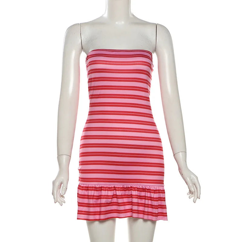 Stripe Contrasting Strapless Short Dress Women's Summer Clothing Beachwear Patchwork Ruffles One-piece Skirt Y2K Outfit