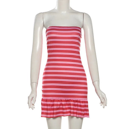Stripe Contrasting Strapless Short Dress Women's Summer Clothing Beachwear Patchwork Ruffles One-piece Skirt Y2K Outfit