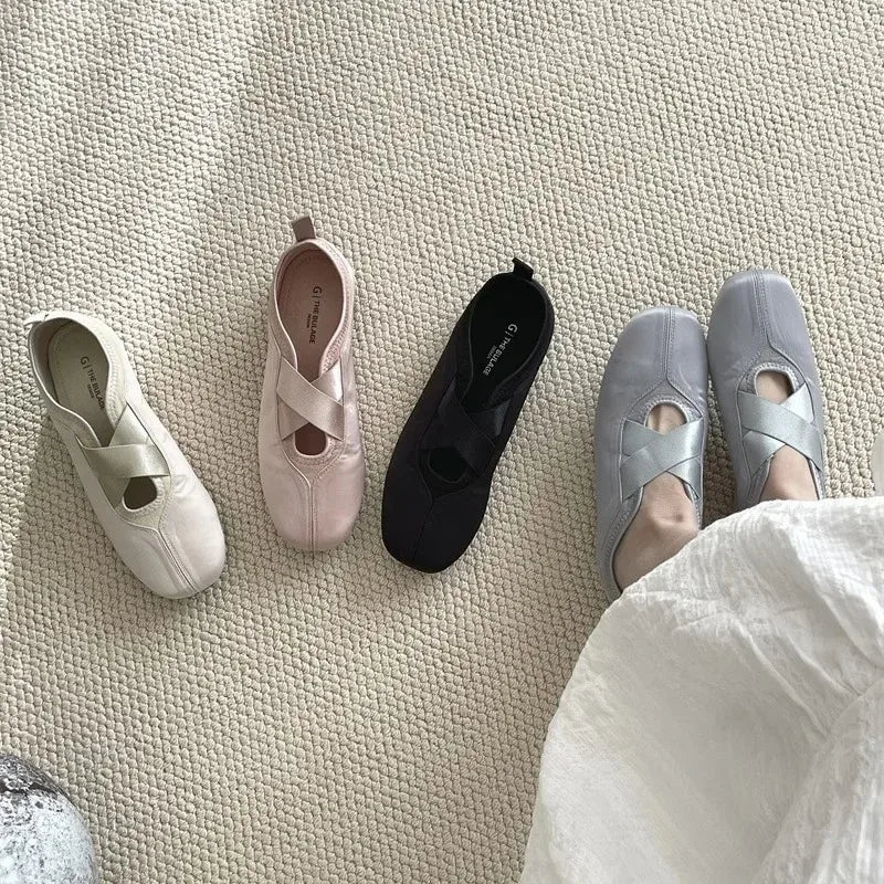 New Women's Ballet Slippers Pink Soft Sole Shallow Heel Round Head Fiberglass Fabric Retro Style Low Heel