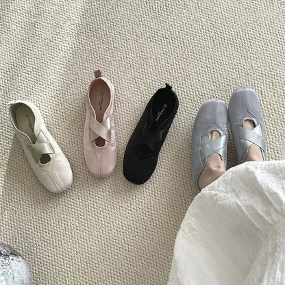 New Women's Ballet Slippers Pink Soft Sole Shallow Heel Round Head Fiberglass Fabric Retro Style Low Heel