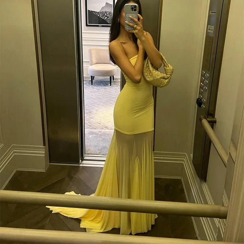Sexy Strapless Spliced Long Fishtail Dress Women Sleeveless Backless See Through Party Dresses 2025 Summer Lady Elegant Robes