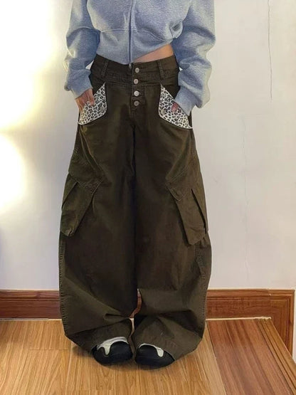 Vintage Chic American Vintage Trousers Pocket Design Leopard Print Button Long Denim Pants 2000s Casual Loose Straight Leg Pants