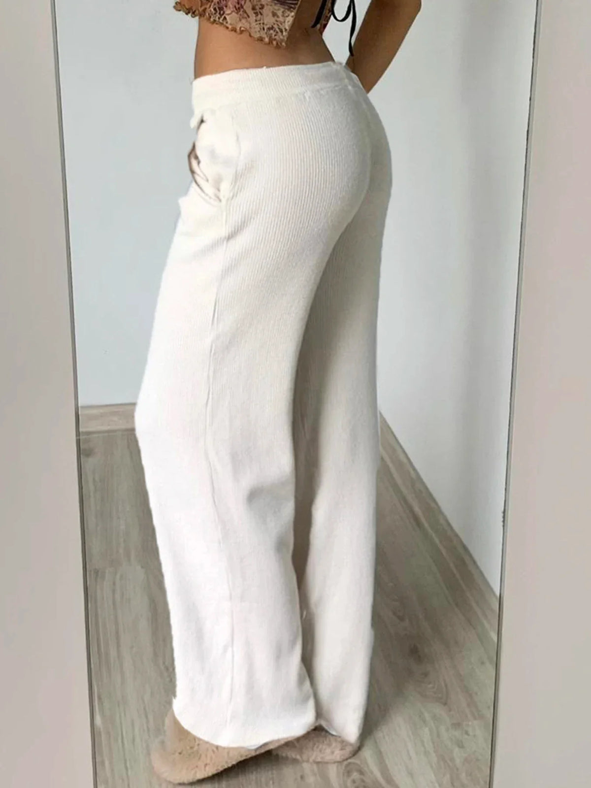 Casual Solid Bandage Wide Leg Pants Basic Mid-Waisted Straight Pants Women Autumn Spring Fashion Streetwear Ladies