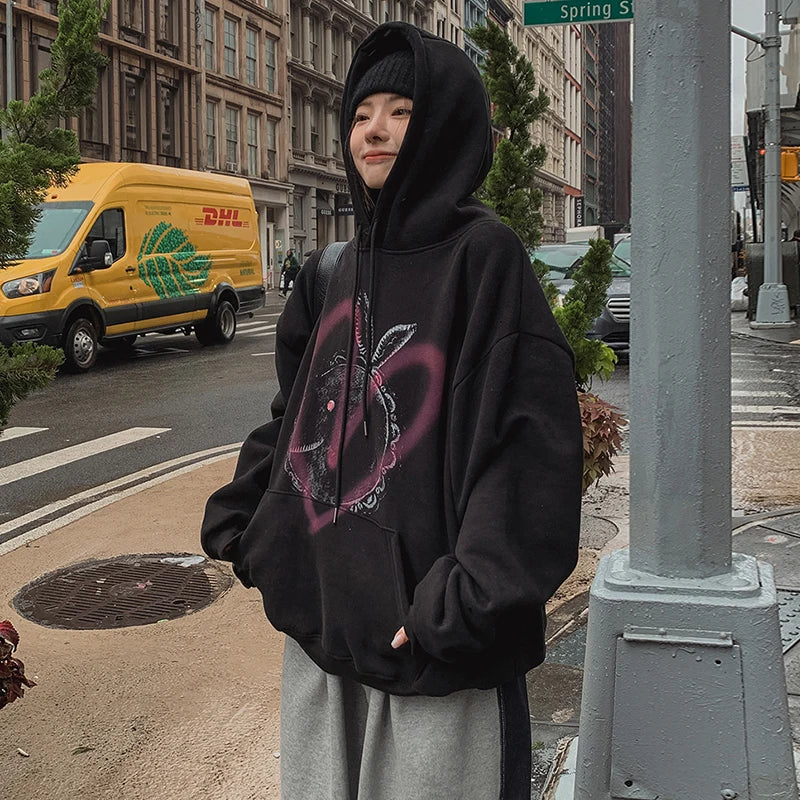 American Street Fun Unisex Graffiti Print Hooded Hoodie Women's Loose Oversize Coat