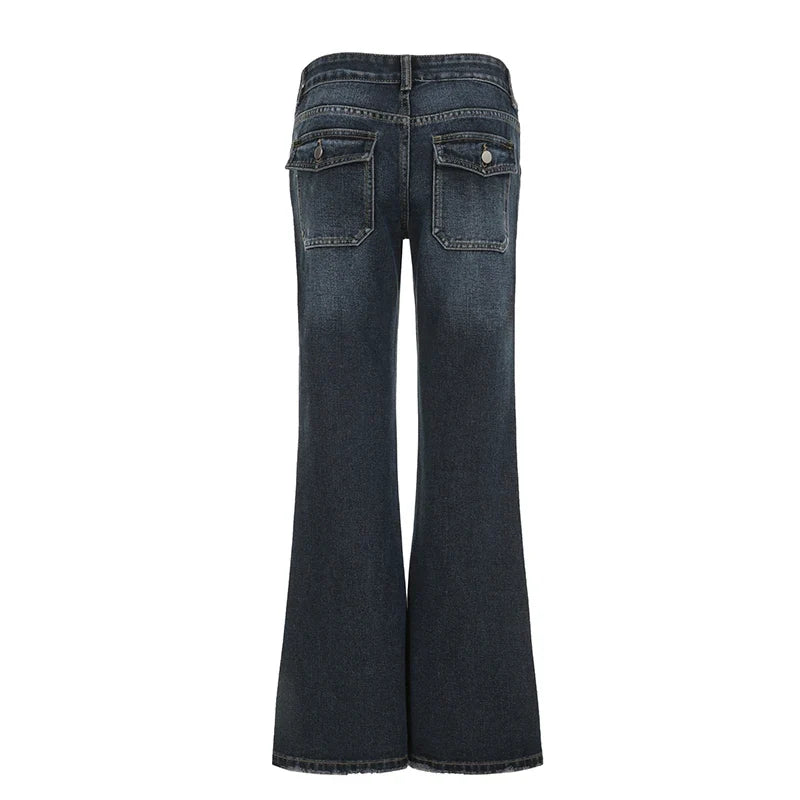 Grunge Aesthetic Flare Jeans Women Retro Stylish Y2K Dark Blue Denim Pants Spring Outfits Casual Slim Trousers Ladies