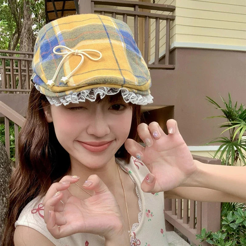 Y2K Cute Bow Lace Berets Cap for Women Spring Summer Sweet and Cool Versatile Dopamine Contrasting Color Plaid Forward Hats
